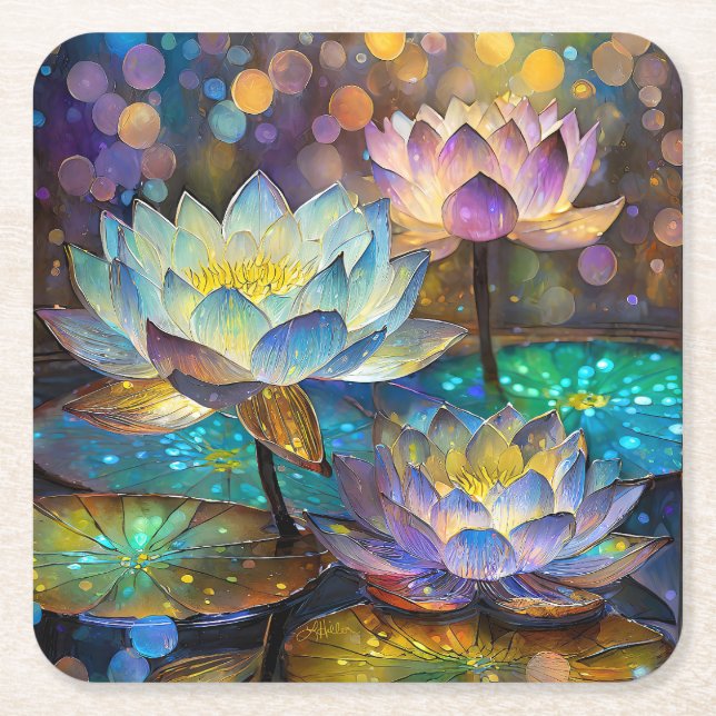 Glowing Lotus Flowers Trio Square Paper Coaster (Front)