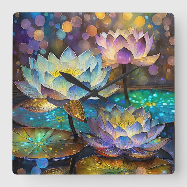 Glowing Lotus Flowers Trio Square Wall Clock (Front)