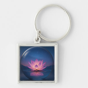 Glowing Lotus Glass Sphere Keychain – Custom Name
