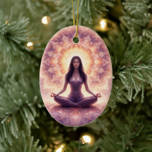 Glowing Mandala Meditation Woman Custom Name       Ceramic Ornament