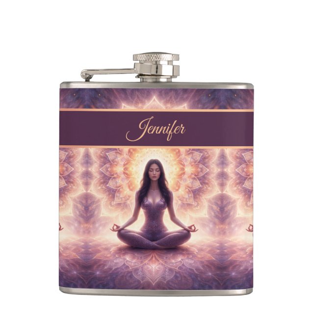 Glowing Mandala Meditation Woman Custom Name       Hip Flask (Front)