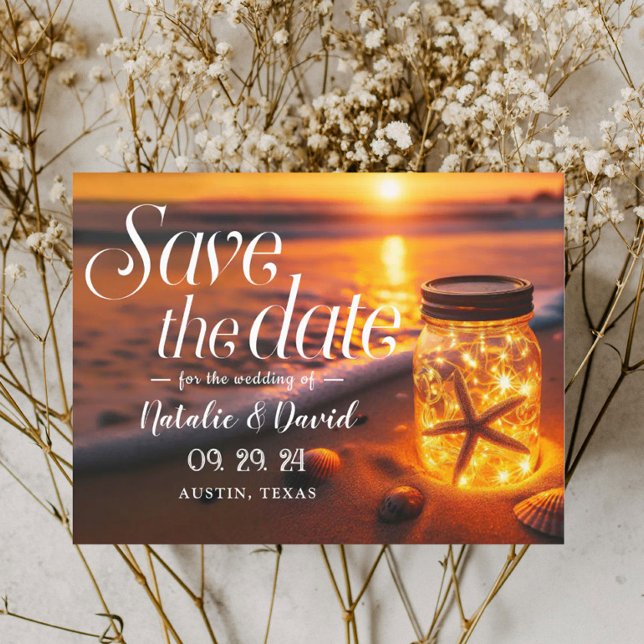 Glowing Mason Jar Sunset Beach Save the Date Announcement Postcard (Creator Uploaded)