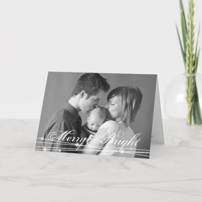 Glowing merry & bright family christmas photo chic holiday card (Front)
