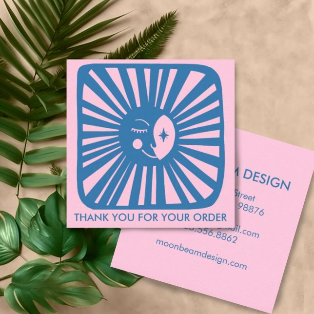 Glowing Moon Charming Blue Pink Order Thank You  Square Business Card (Sweet moon design on these custom thank you business cards. )