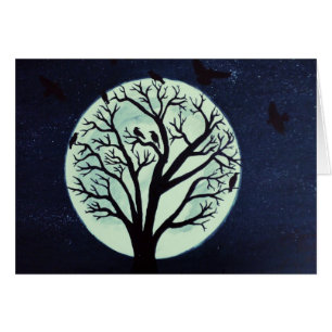 Glowing Moon with Old Tree and Crows
