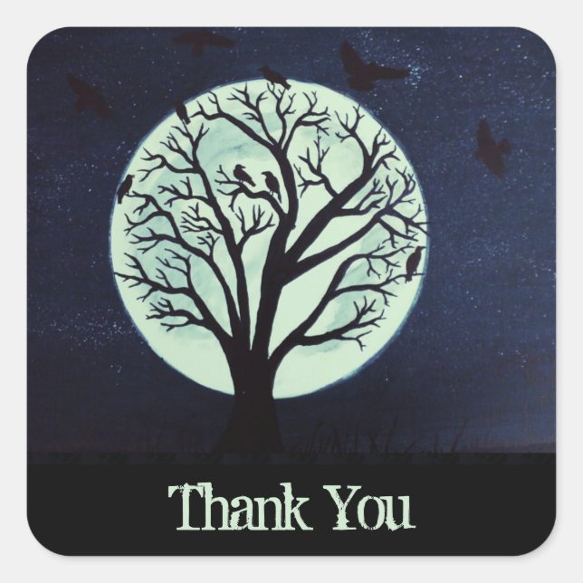Glowing Moonlight with Crows and Tree Thank You Square Sticker (Front)