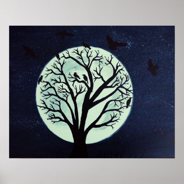 Glowing Moonlit Tree with Crows Poster (Front)
