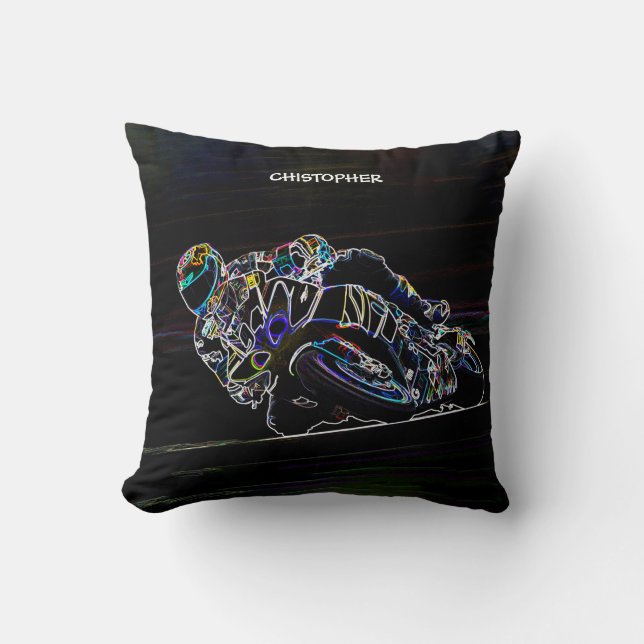 Glowing Motorcycle Rider Circle Racing Sketch Cushion (Front)