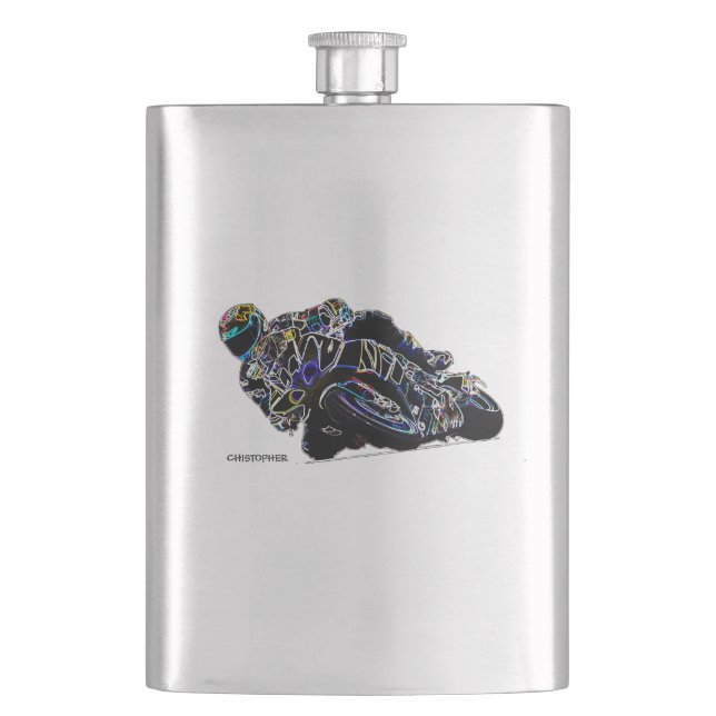 Glowing Motorcycle Rider Circle Racing Sketch Hip Flask (Front)