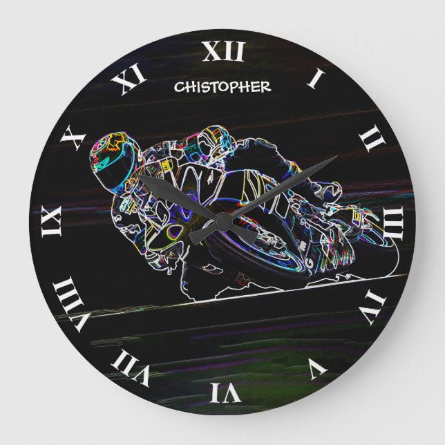 Glowing Motorcycle Rider Circle Racing Sketch Large Clock (Front)