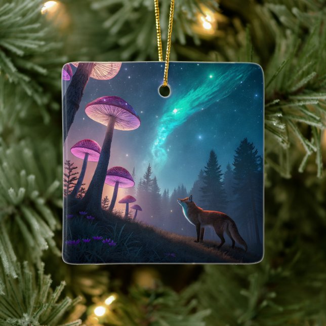 Glowing Mushroom Forest Fox Fantasy Art Ceramic Ornament (Tree)