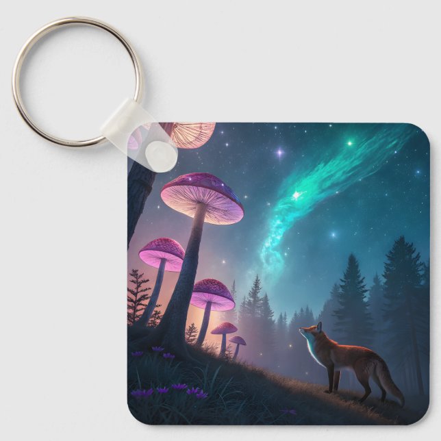 Glowing Mushroom Forest Fox Fantasy Art Key Ring (Front)
