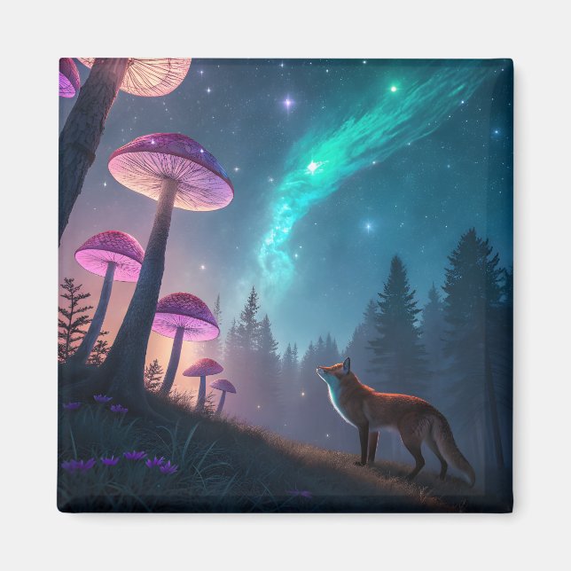 Glowing Mushroom Forest Fox Fantasy Art Magnet (Front)