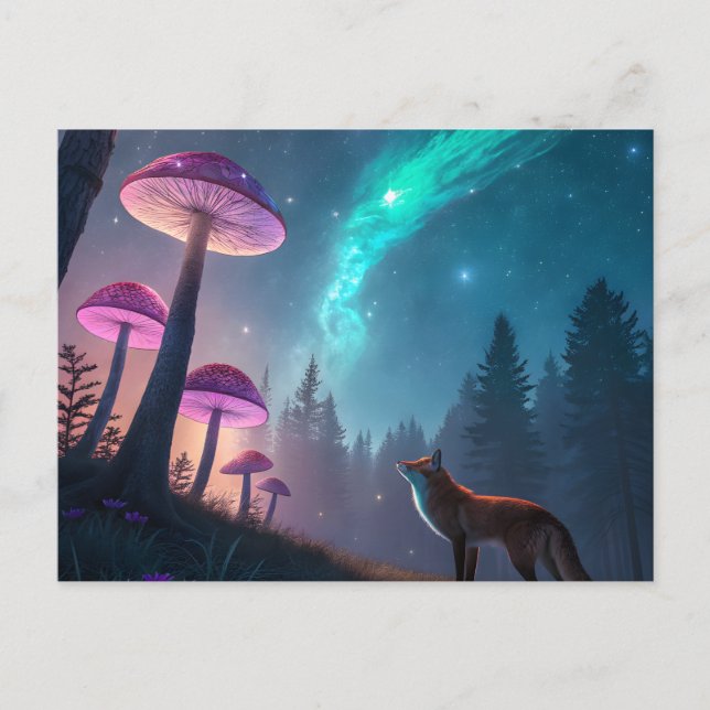 Glowing Mushroom Forest Fox Fantasy Art Postcard (Front)