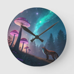 Glowing Mushroom Forest Fox Fantasy Art Round Clock