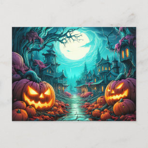 Glowing Nefarious Happy Halloween Pumpkins Postcard