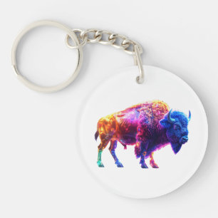 Glowing Neon Bison – Futuristic Wildlife Art with Key Ring