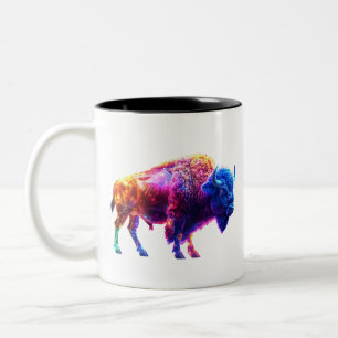 Glowing Neon Bison – Futuristic Wildlife Art with  Two-Tone Coffee Mug