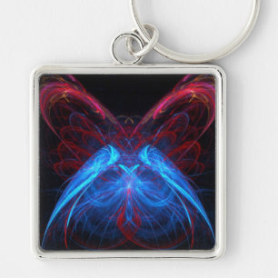 Glowing Neon Butterfly Flame Fractal Abstract Art Key Ring