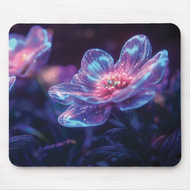 "Glowing Neon Flowers – Enchanting Cosmic Florals Mouse Pad (Front)