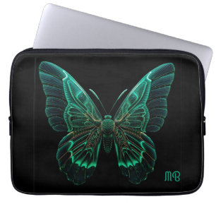 Glowing Neon Green Teal Butterfly Art Laptop Sleeve