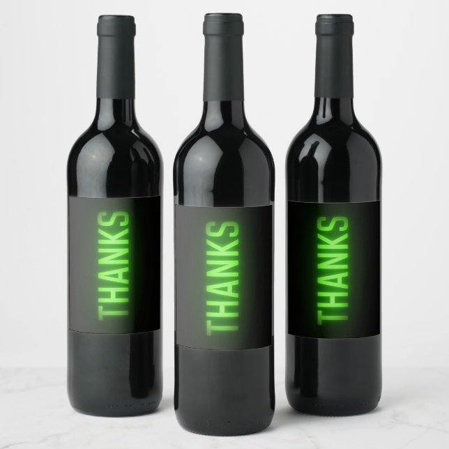 Glowing Neon Green Thanks Sign On Black Wine Label (Bottles)