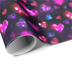 Glowing Neon Hearts Love Design Black Wrapping Paper