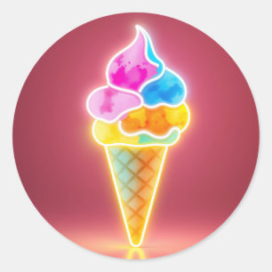 Glowing Neon Ice Cream Cone with Vibrant Scoops Classic Round Sticker