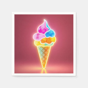 Glowing Neon Ice Cream Cone with Vibrant Scoops Napkin