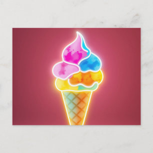 Glowing Neon Ice Cream Cone with Vibrant Scoops Postcard