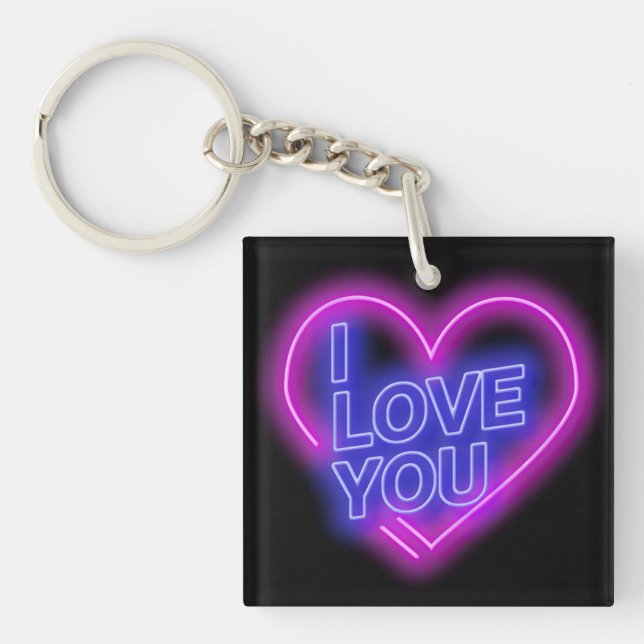 Glowing Neon Look Pink Blue Valentine Heart Square Key Ring (Front)