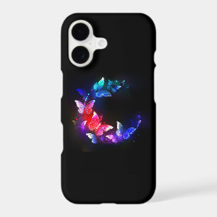Glowing Neon Night Butterflies on Black background