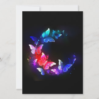 Glowing Neon Night Butterflies on Black background Announcement