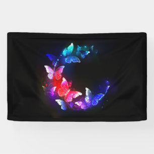 Glowing Neon Night Butterflies on Black background Banner