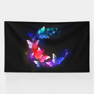 Glowing Neon Night Butterflies on Black background Banner