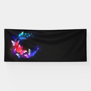 Glowing Neon Night Butterflies on Black background Banner