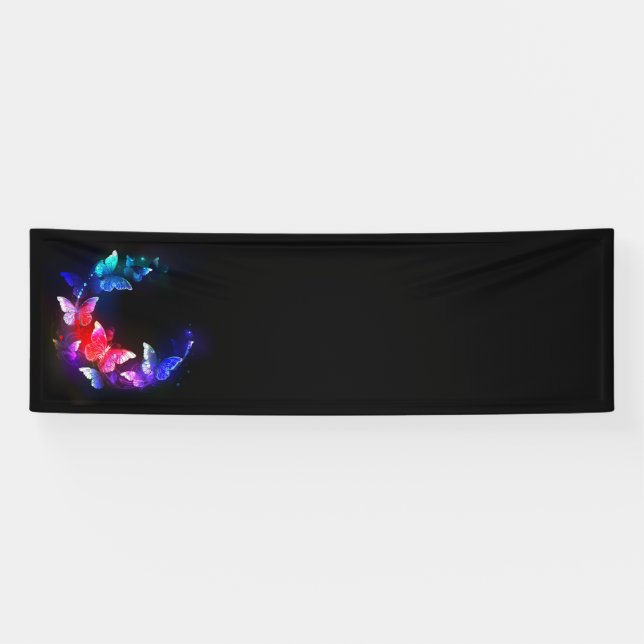 Glowing Neon Night Butterflies on Black background Banner (Horizontal)
