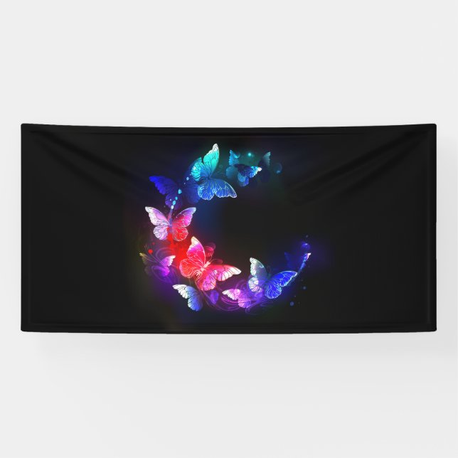 Glowing Neon Night Butterflies on Black background Banner (Horizontal)