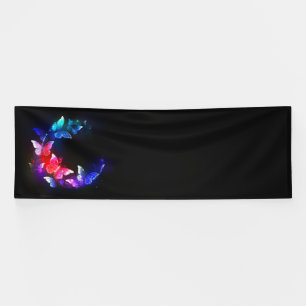 Glowing Neon Night Butterflies on Black background Banner
