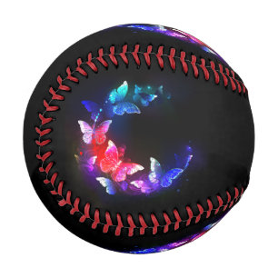 Glowing Neon Night Butterflies on Black background Baseball