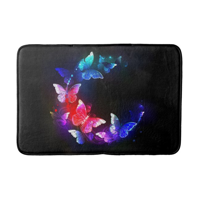 Glowing Neon Night Butterflies on Black background Bath Mat (Front)