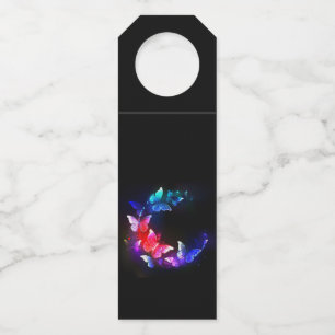 Glowing Neon Night Butterflies on Black background Bottle Tag