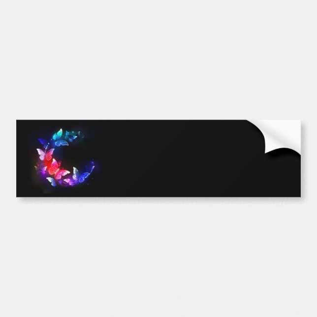 Glowing Neon Night Butterflies on Black background Bumper Sticker (Front)