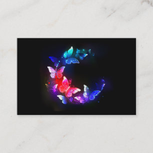 Glowing Neon Night Butterflies on Black background Business Card