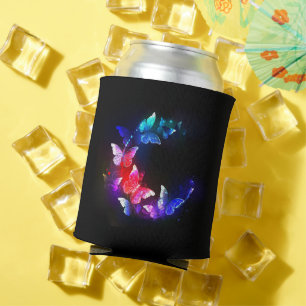 Glowing Neon Night Butterflies on Black background Can Cooler