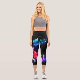 Glowing Neon Night Butterflies on Black background Capri Leggings