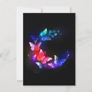 Glowing Neon Night Butterflies on Black background Card