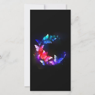 Glowing Neon Night Butterflies on Black background Card
