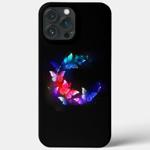 Glowing Neon Night Butterflies on Black background iPhone 13 Pro Max Case