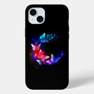 Glowing Neon Night Butterflies on Black background iPhone 15 Mini Case